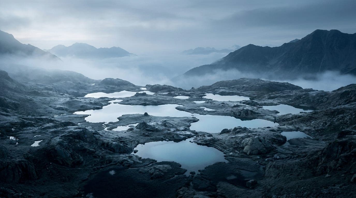 Kühle Alpenlandschaft in Blaustunden-Tönen: zahlreiche kleine Bergseen, verstreut über eine kühle Hochebene.