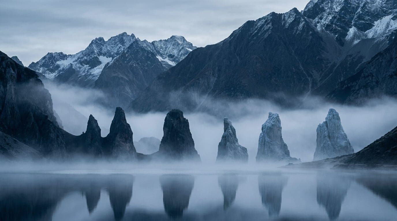 Kühle Alpenlandschaft in Blaustunden-Tönen: eine Reihe markanter Felstürme, gestaffelt im kühlen Nebel.