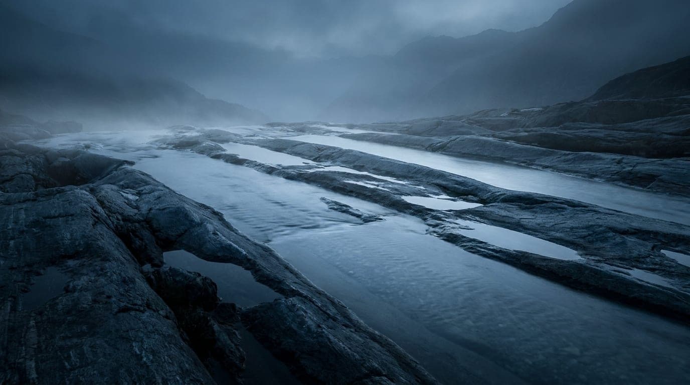 Kühle Alpenlandschaft in Blaustunden-Tönen: mehrere parallele Wasserläufe, die gleichmäßig nebeneinander fließen.