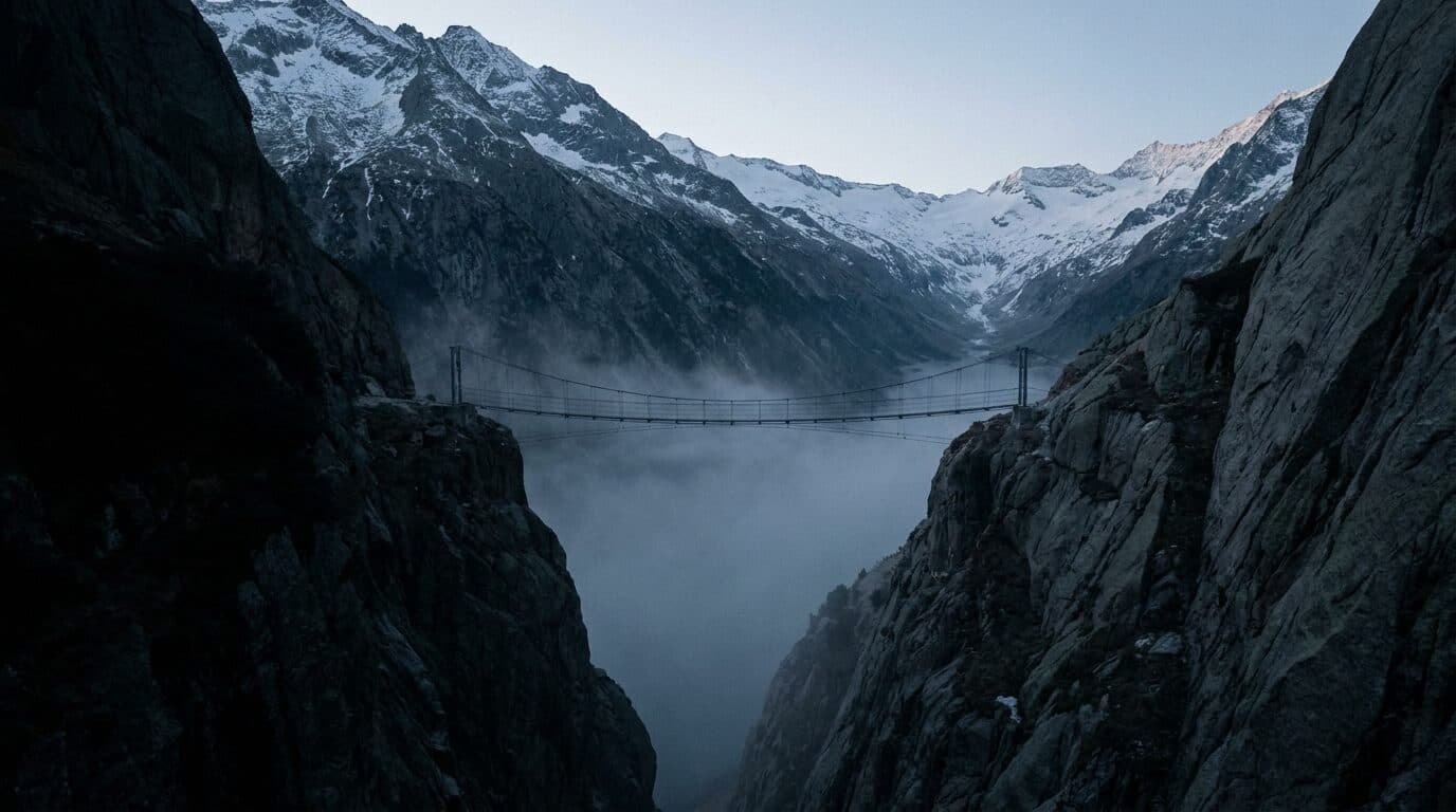 Kühle Alpenschlucht zur blauen Stunde: eine schmale Hängebrücke spannt sich über einen nebelgefüllten Abgrund, die linke Felswand liegt tief im Schatten.
